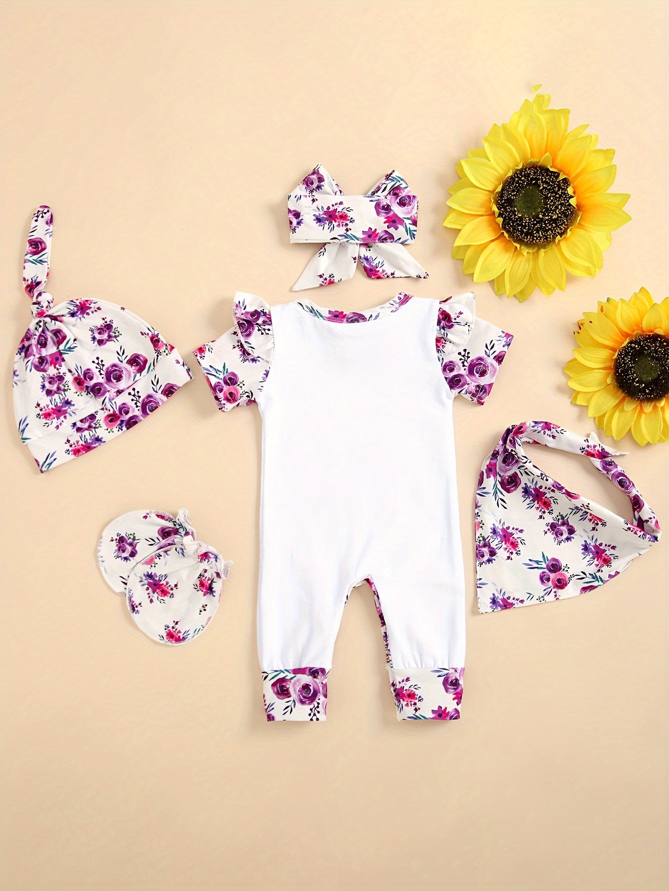[Floral Baby Romper] Floral Newborn Baby Girl Romper | Infant Letter Print Bodysuit Jumpsuit+Hat+Headband+Gloves Coming Home Clothes Outfits