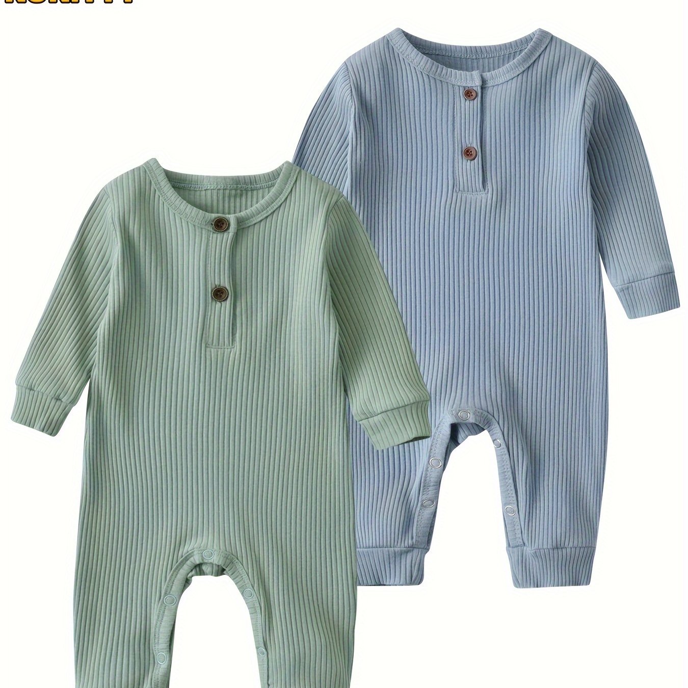 KuKitty Baby Boy Girl 2 Pcs Long Sleeve Solid Color Ribbed Romper Jumpsuit Outfits Clothes