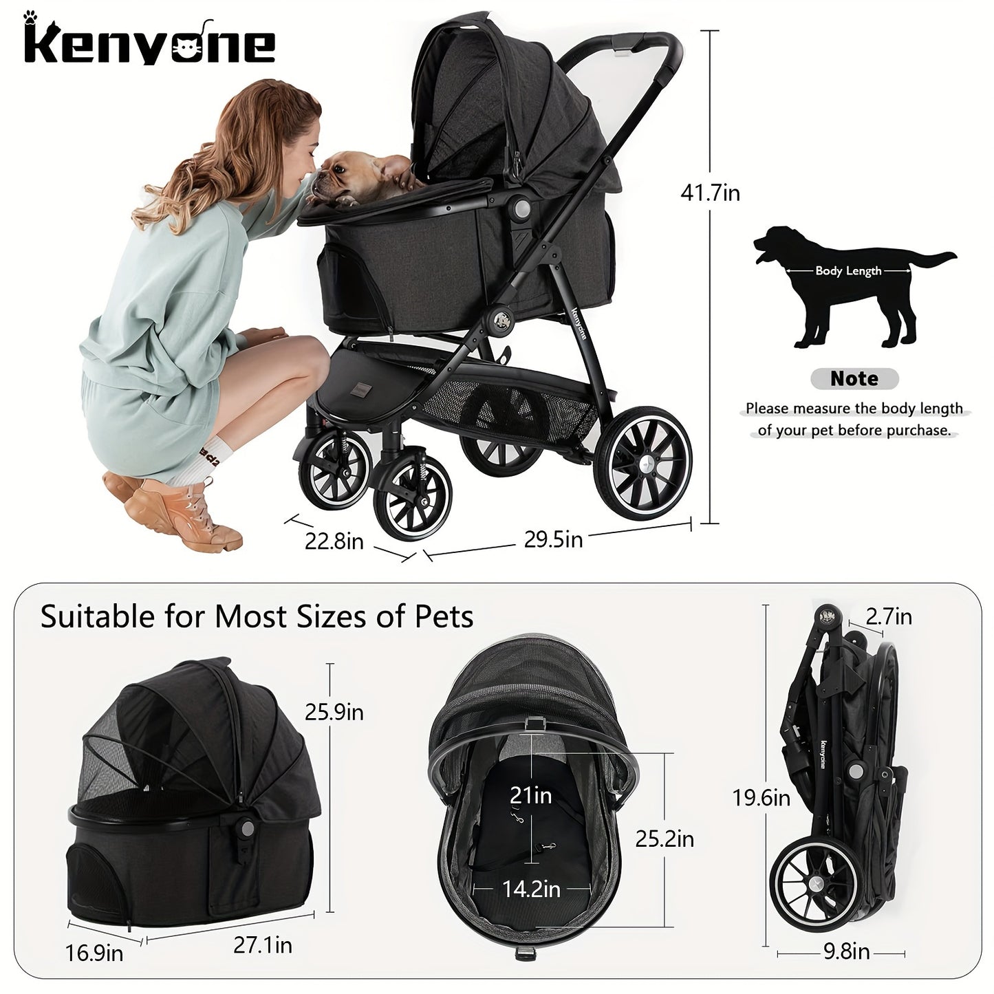 Kenyone Pet Stroller C510 Gray - 3 in 1 Dog Stroller for Medium Small Dogs, Large Cat Stroller with Detachable Carrier for Puppies, Doggies, Kitties, Bunnies - Durable & Lightweight - Suitable for Outdoor Walks & Travel - Ide