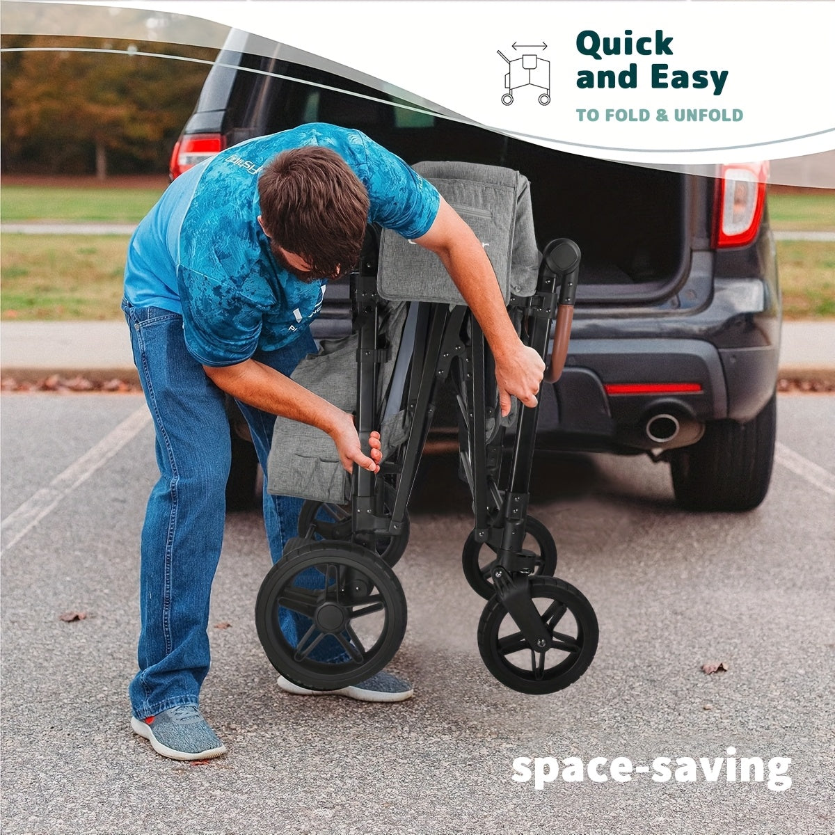 Versatile 4-in-1 Stroller Wagon with Adjustable Sun Canopy & 5-Point Harness - Perfect for Travel & Beach Outings, Suitable for Four Youngsters, Front-Facing Design, Durable Polyester Fabric, Gray/Black Color, Shock Absorptio