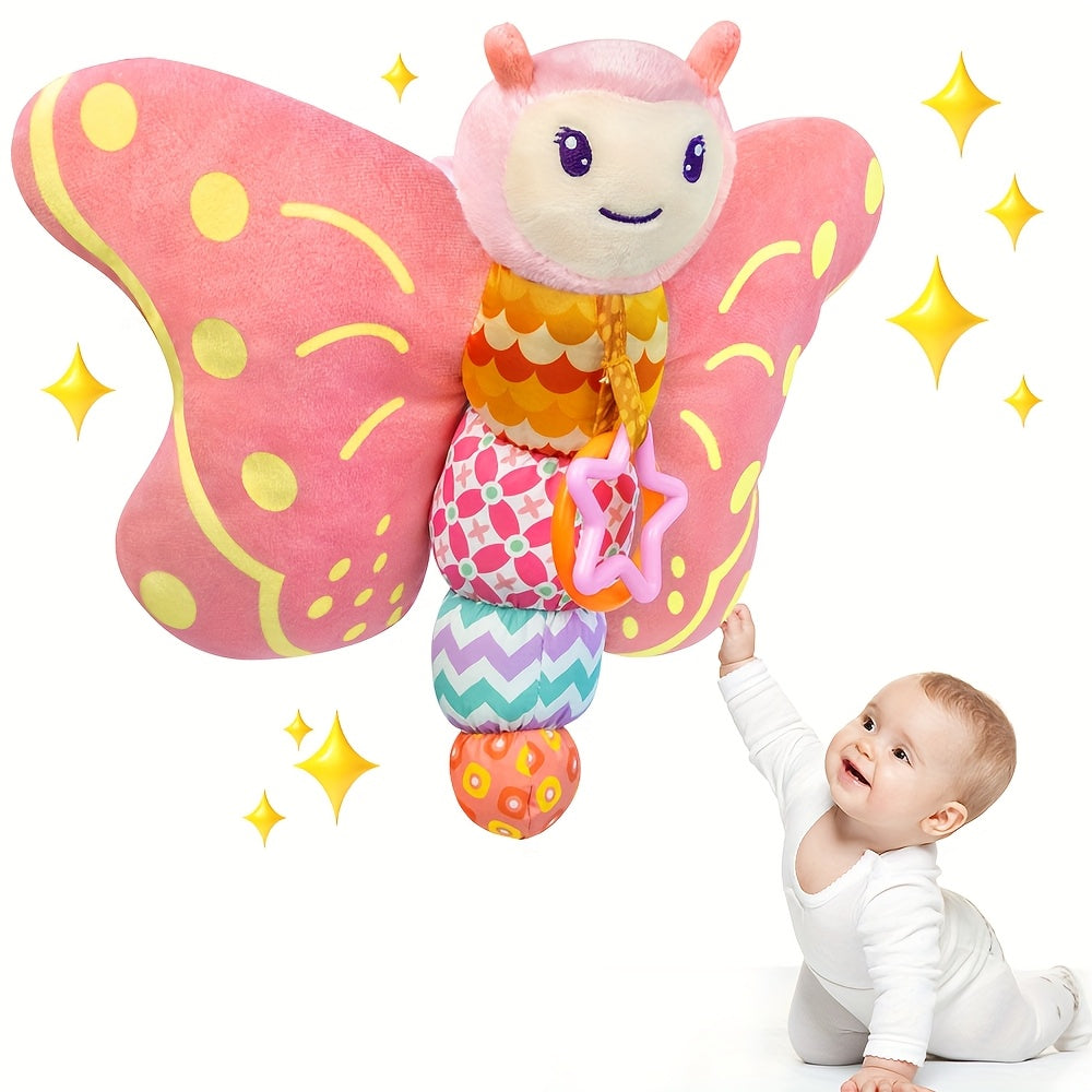 Plush Pink Butterfly Sensory Toy for Babies with Hanging Ring Rattle and Wrinkled Wings
