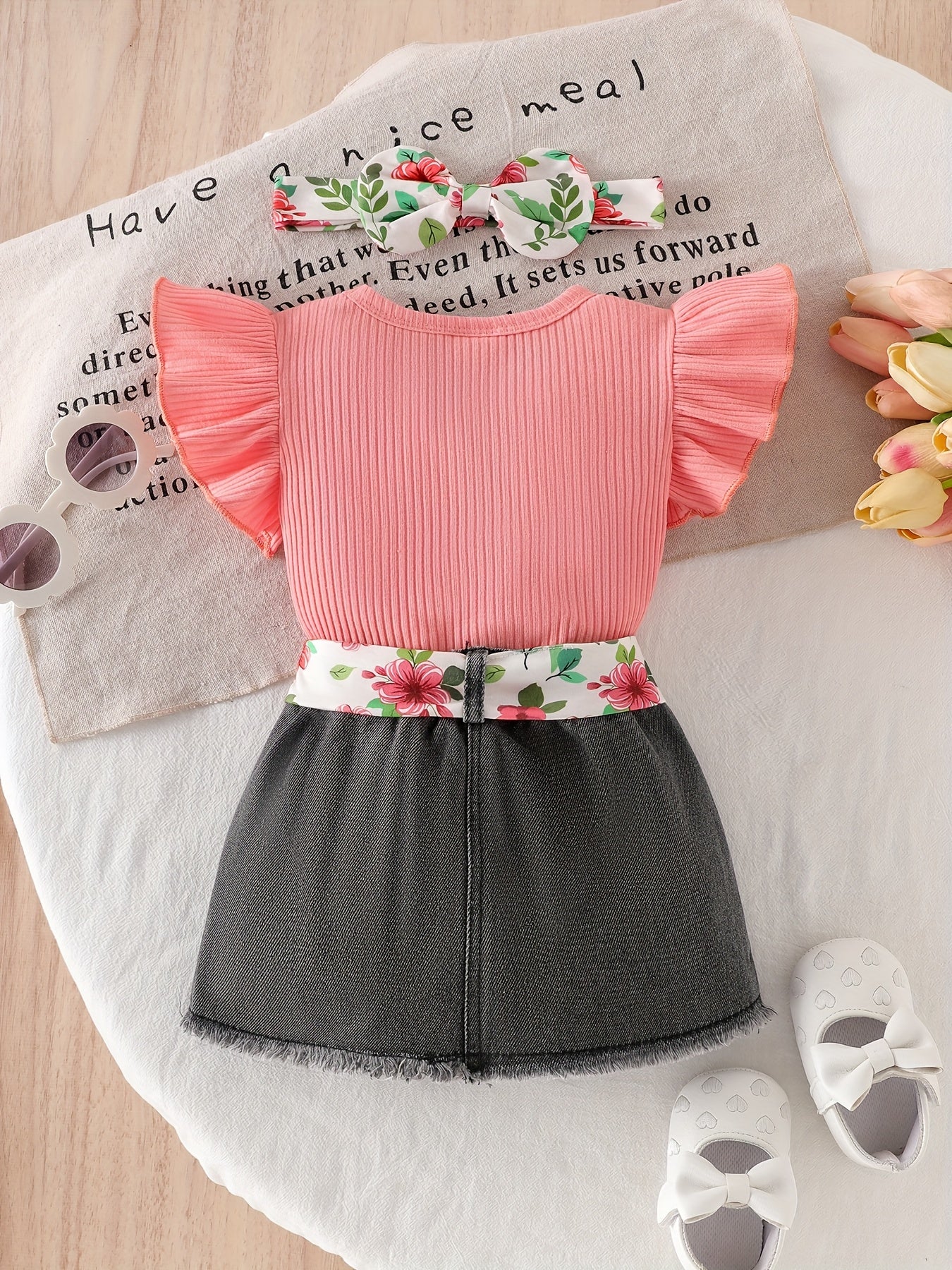 CETEPY Youngsters Girl Summer Clothes Cute Butterfly Printed Romper + Denim Skirt + Headband 3pcs Shorts Set 0-18 Months