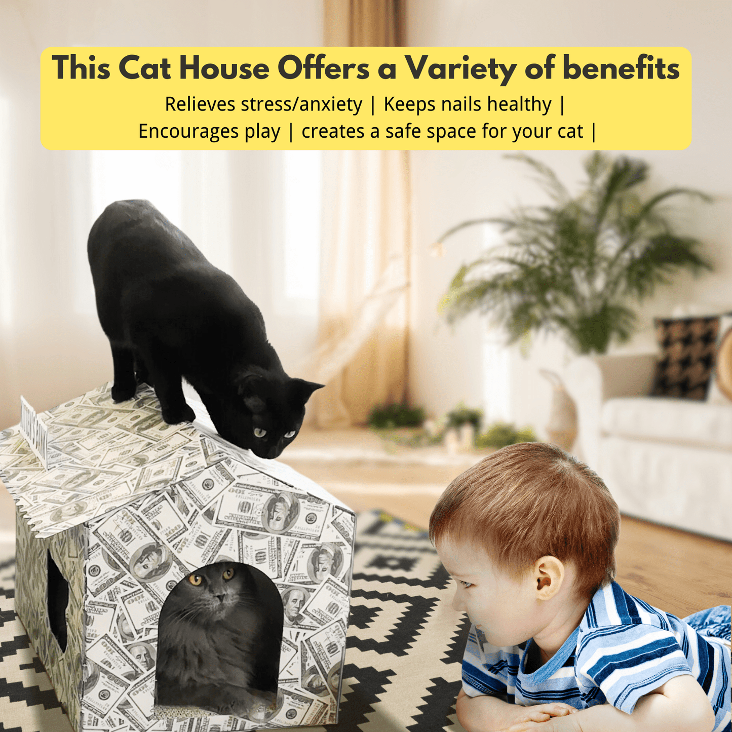 Cardboard Cat House with Scratch Pad Premium Quality Indoor Playhouse for Cats