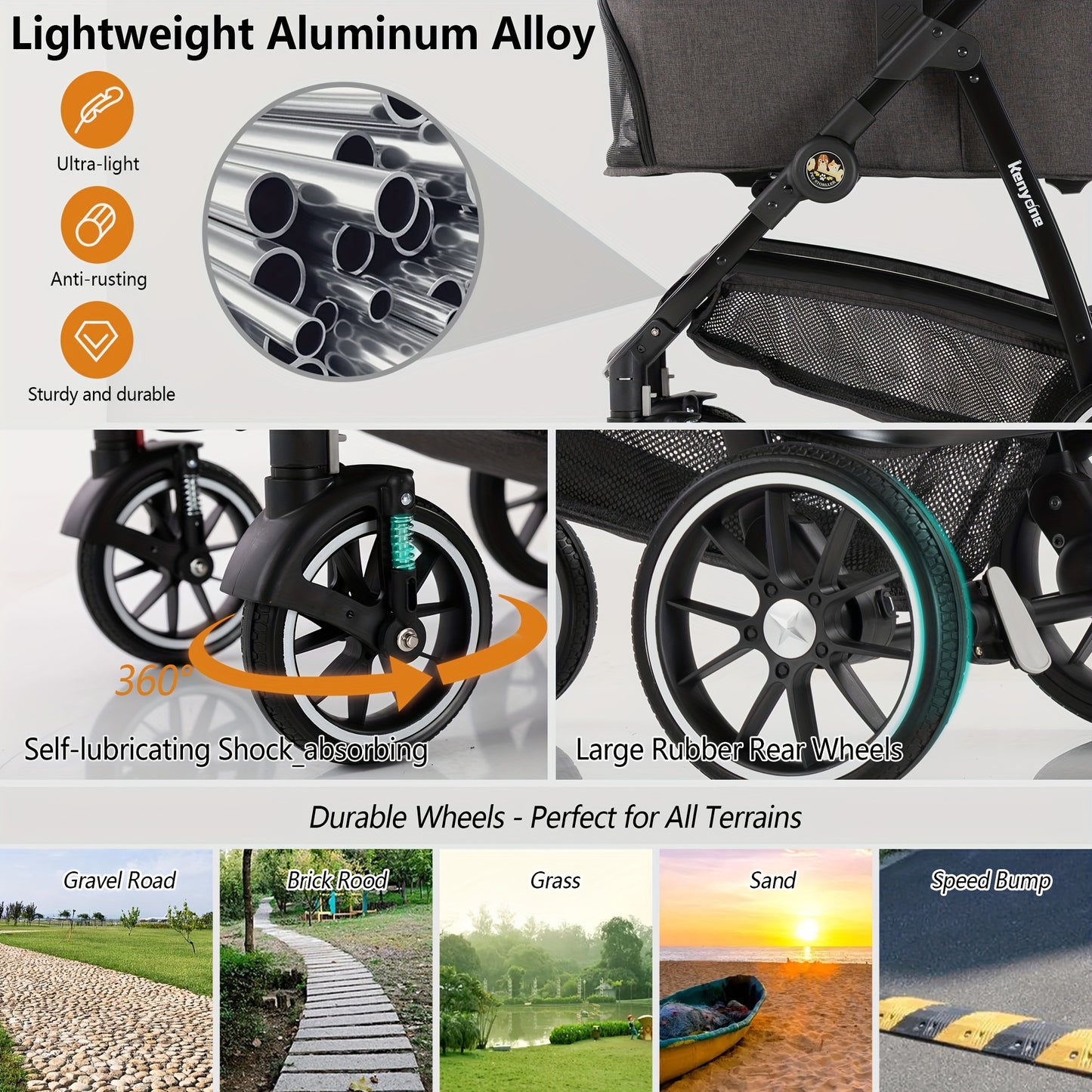 Kenyone Pet Stroller C510 Gray - 3 in 1 Dog Stroller for Medium Small Dogs, Large Cat Stroller with Detachable Carrier for Puppies, Doggies, Kitties, Bunnies - Durable & Lightweight - Suitable for Outdoor Walks & Travel - Ide