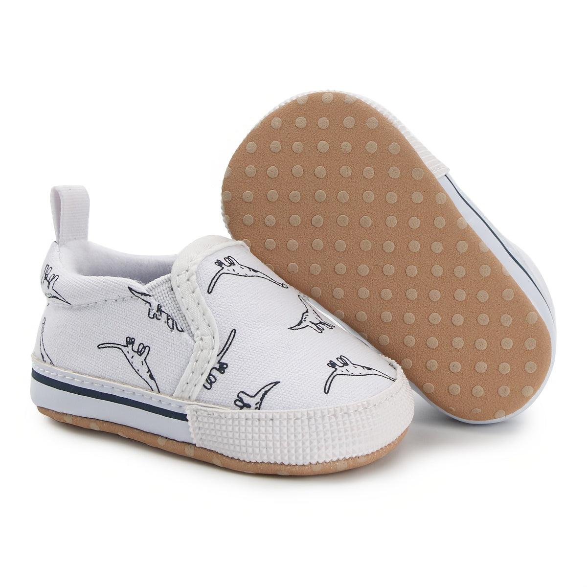 0-3 Months Slip-On Sneakers - Cute Cartoon Dinosaur Pattern Soft Fabric Low-Top Shoes for Indoor Crib Shoes, Spring & Autumn Daily Wear (Navy/White), Shoes