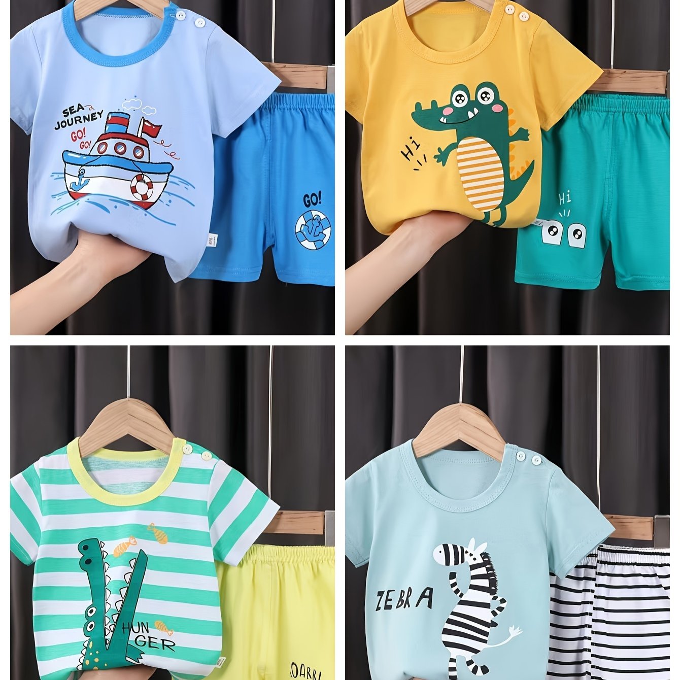 [4Sets Boys Summer Set] 4Sets Lightweight Boys Summer Short Sleeved T-shirt & Short Shorts Crocodile Set | Comfortable Men's and Children's Wear