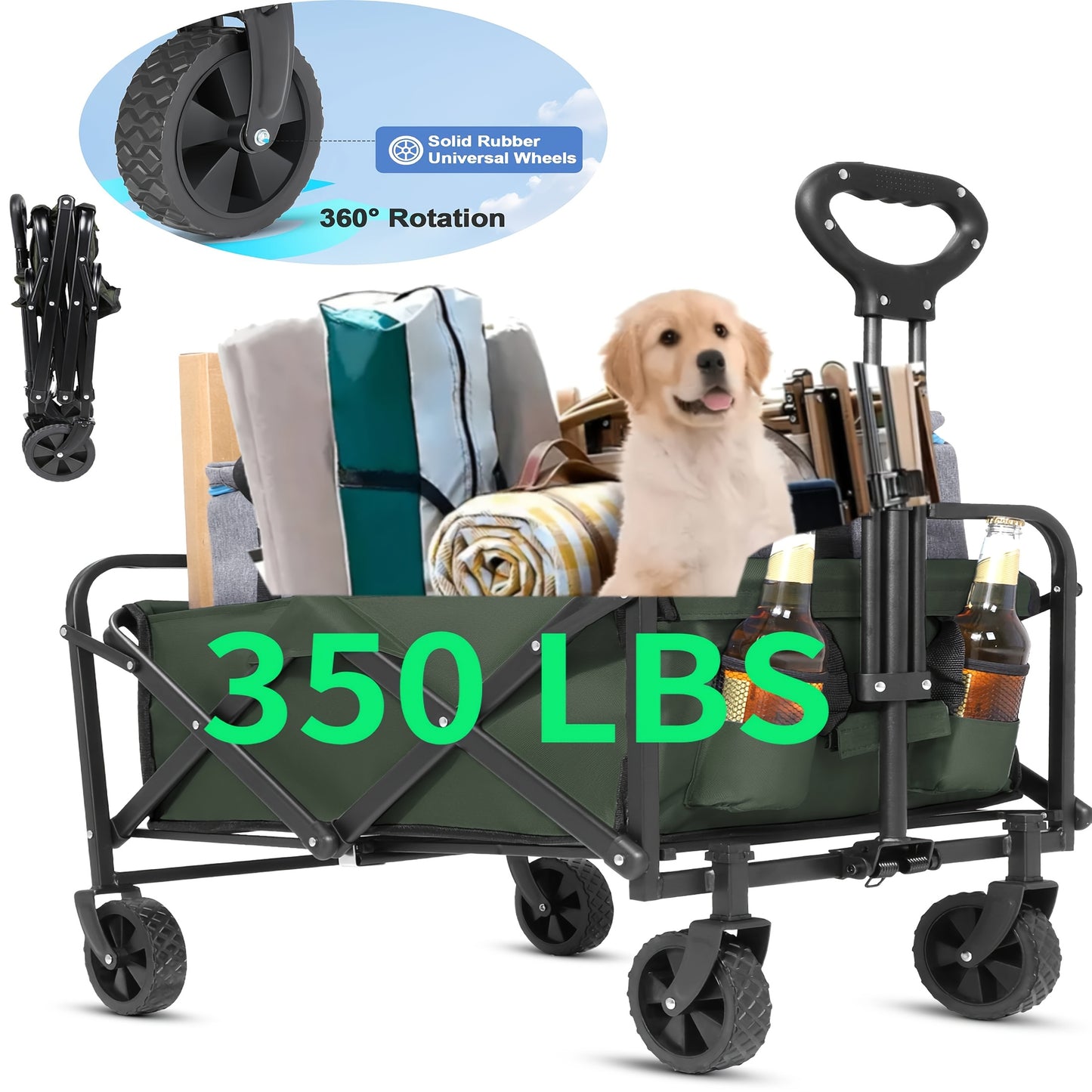 YSIATN Collapsible Folding Wagon Cart - 350LBS Capacity, 50L Large Capacity, 4 All-Terrain Wheels, 360° Rotating Front Wheels, 600D Oxford Fabric, Compact Fold & Portable for Beach, Camping, Shopping, Pet Stroller, Large Fol