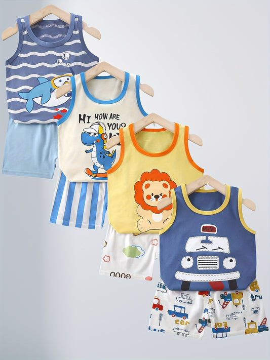 DinoFun Cartoon Dinosaur Sleeveless Shorts Set – Soft and Breathable Comfort for Boys