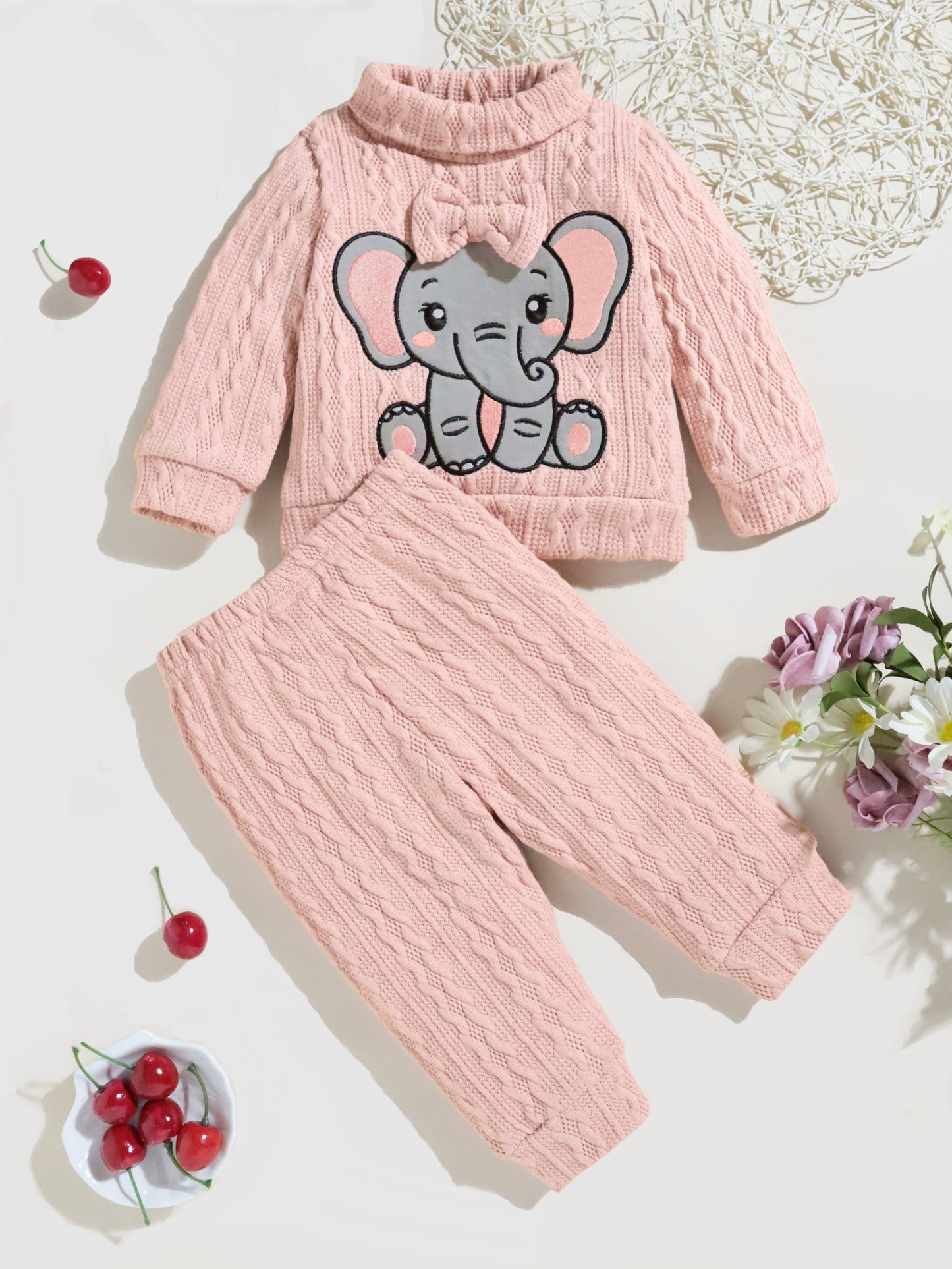2pcs Baby Bow Elephant Patchwork Sweater and Knitted Pants Set for Toddler Girls