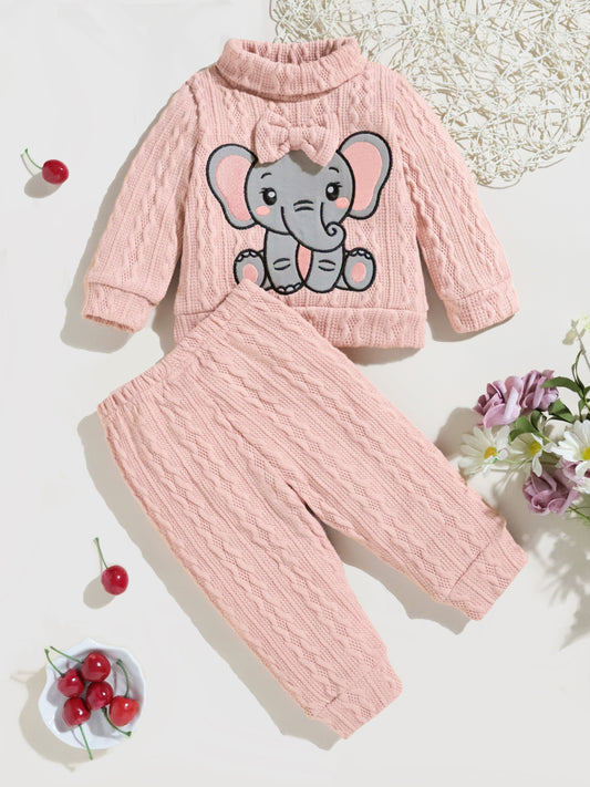 2pcs Baby Bow Elephant Patchwork Sweater and Knitted Pants Set for Toddler Girls