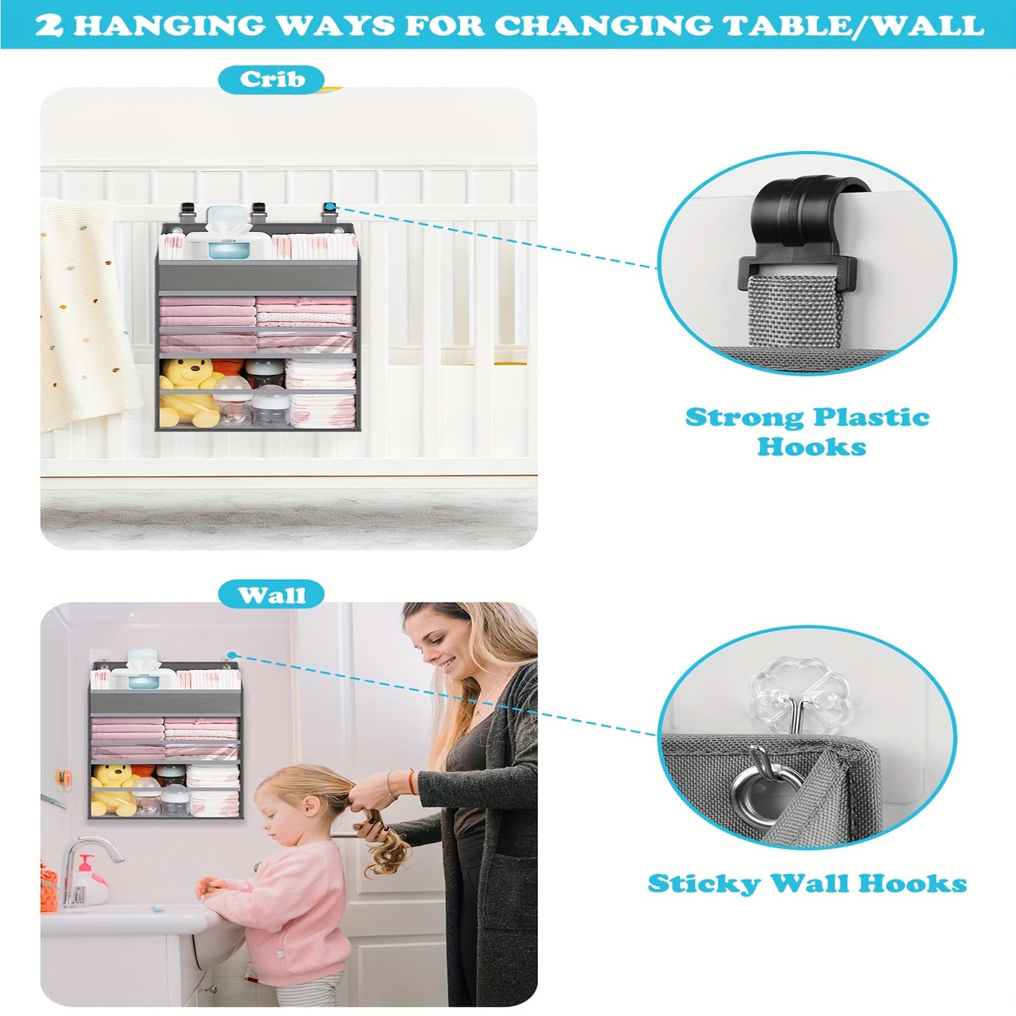 Hanging Diaper Caddy Organizer - Multiple Pockets, Baby Organizer For Nursery Accessories Changing Table Organizer And Diaper Storage - Gray - For New Parents - Suitable for Nursery, Bathroom & Changing Table - Perfect Gift f