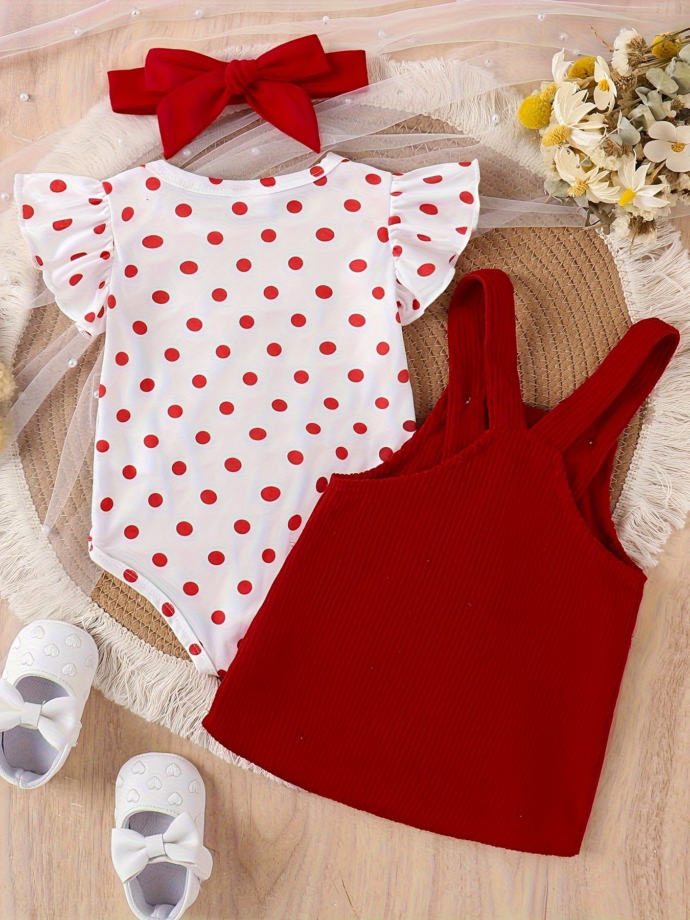 Baby Girl Summer Lace Outfit with Teddy Bear Strap Skirt and Headband 0-18 Months