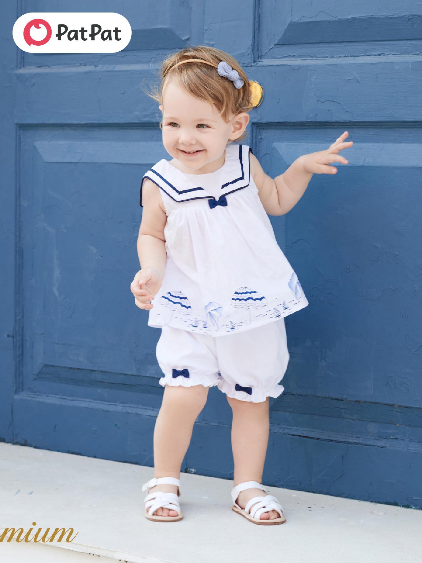 PatPat 2pcs Baby Girl Bow Decor Statement Collar Umbrella Print Sleeveless Top and Elasticized Shorts Set For Spring Summer, for Outdoor