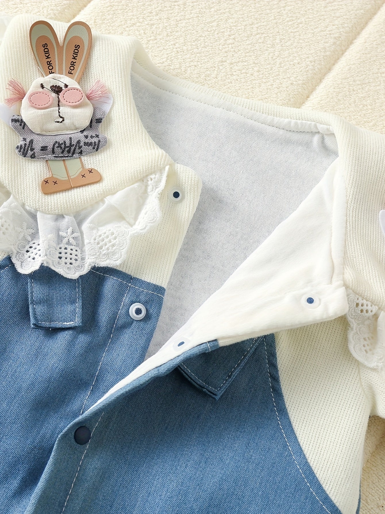 Cute Bunny Baby Girl Bodysuit Denim Lace Trim Long Sleeve