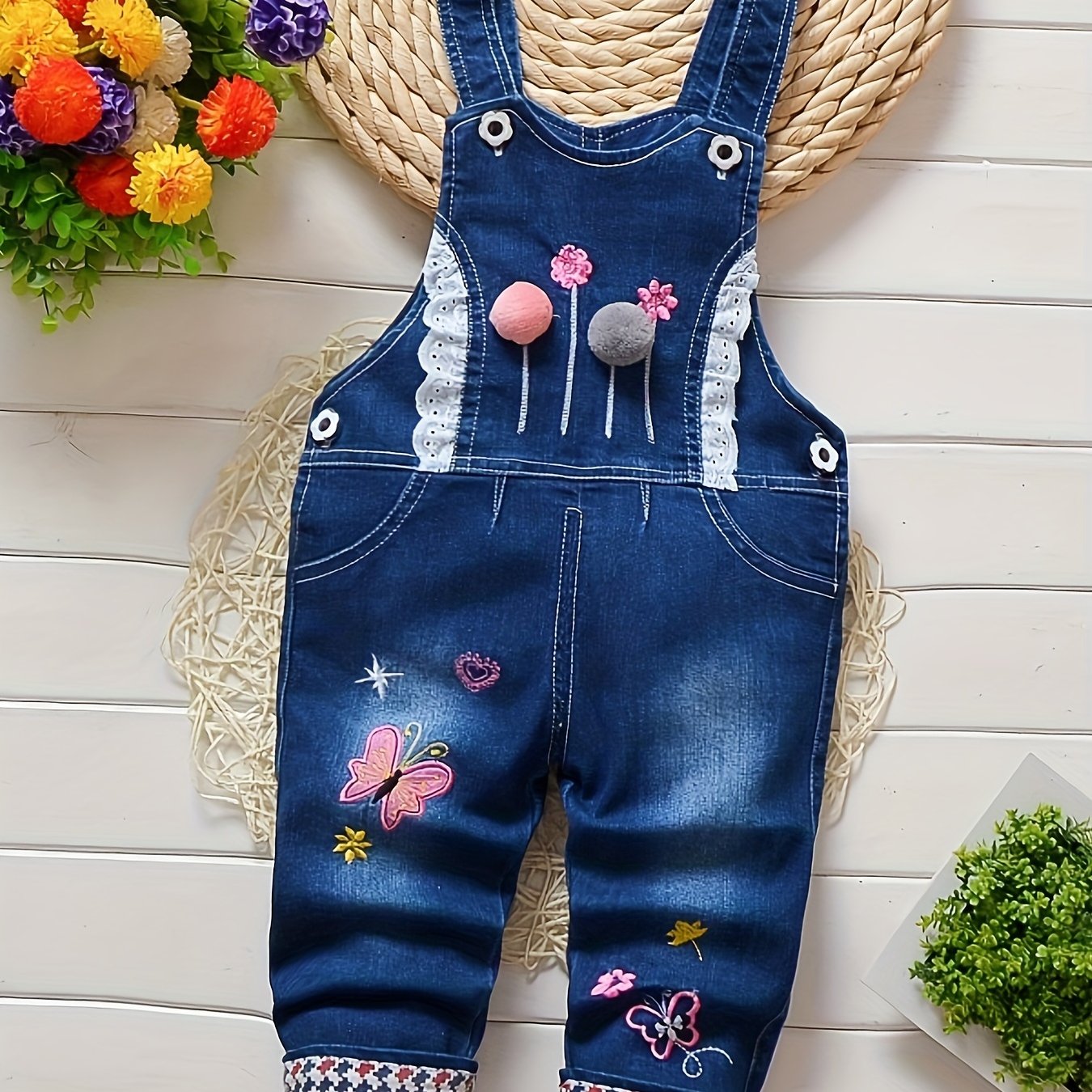 Girls' Jeans-like Overalls - Non-Stretch Denim-Style Toddler pants, Cute Butterfly & Floral decorations, Easy Hand Wash Care for Everyday & Special Occasions (0-4 Years) - Baby Girl Clothing, Toddler Girl Pants, Playful Toddl