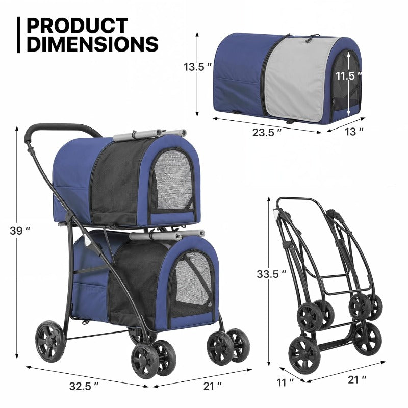 Double Dog Stroller with Detachable Carrier Bags Large 4 Wheels Foldable Jogger for Small and Medium Dog Cats