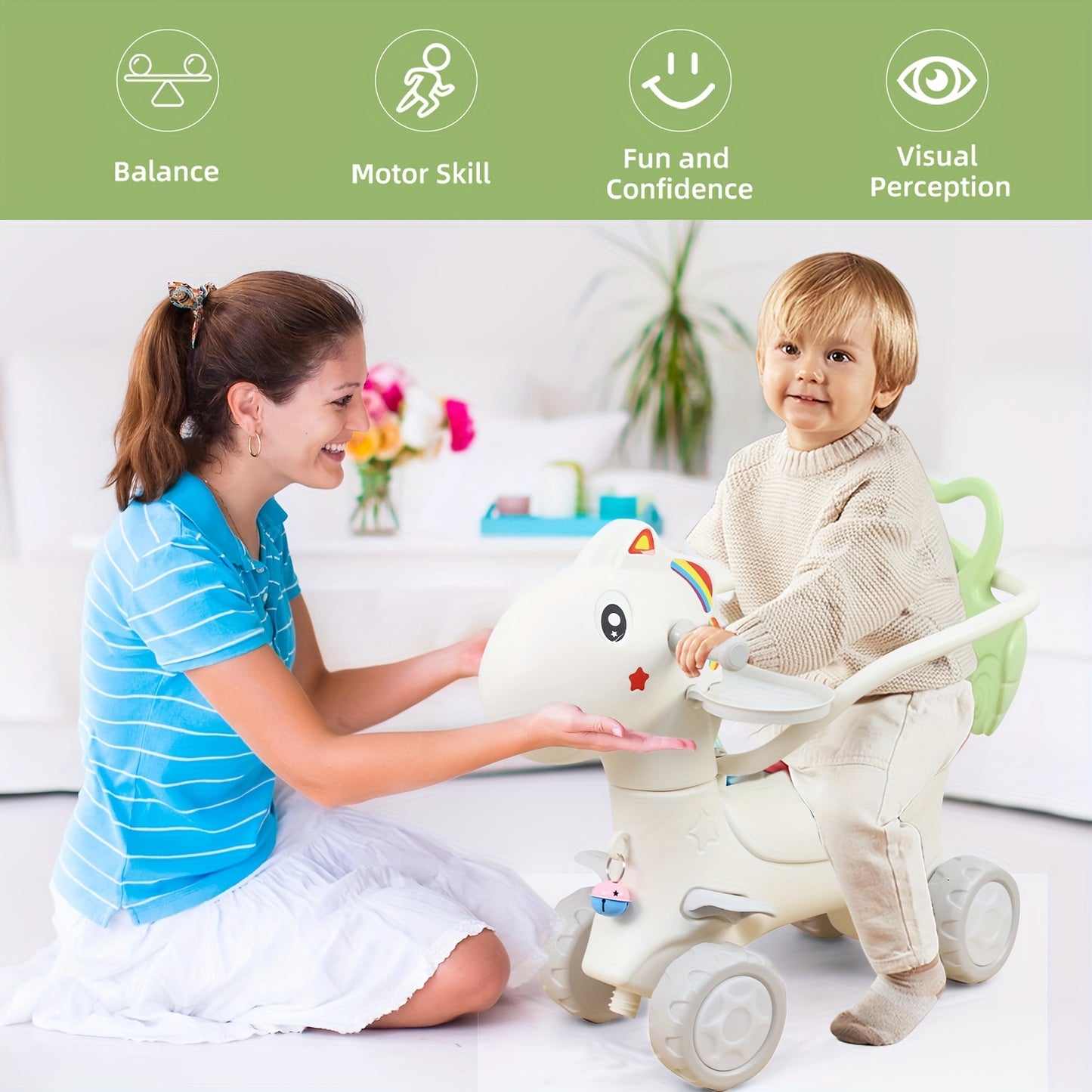 4 In 1 Kids Rocking Horse With Safety Rod Basketball Hoop Balance Toys For Toddlers