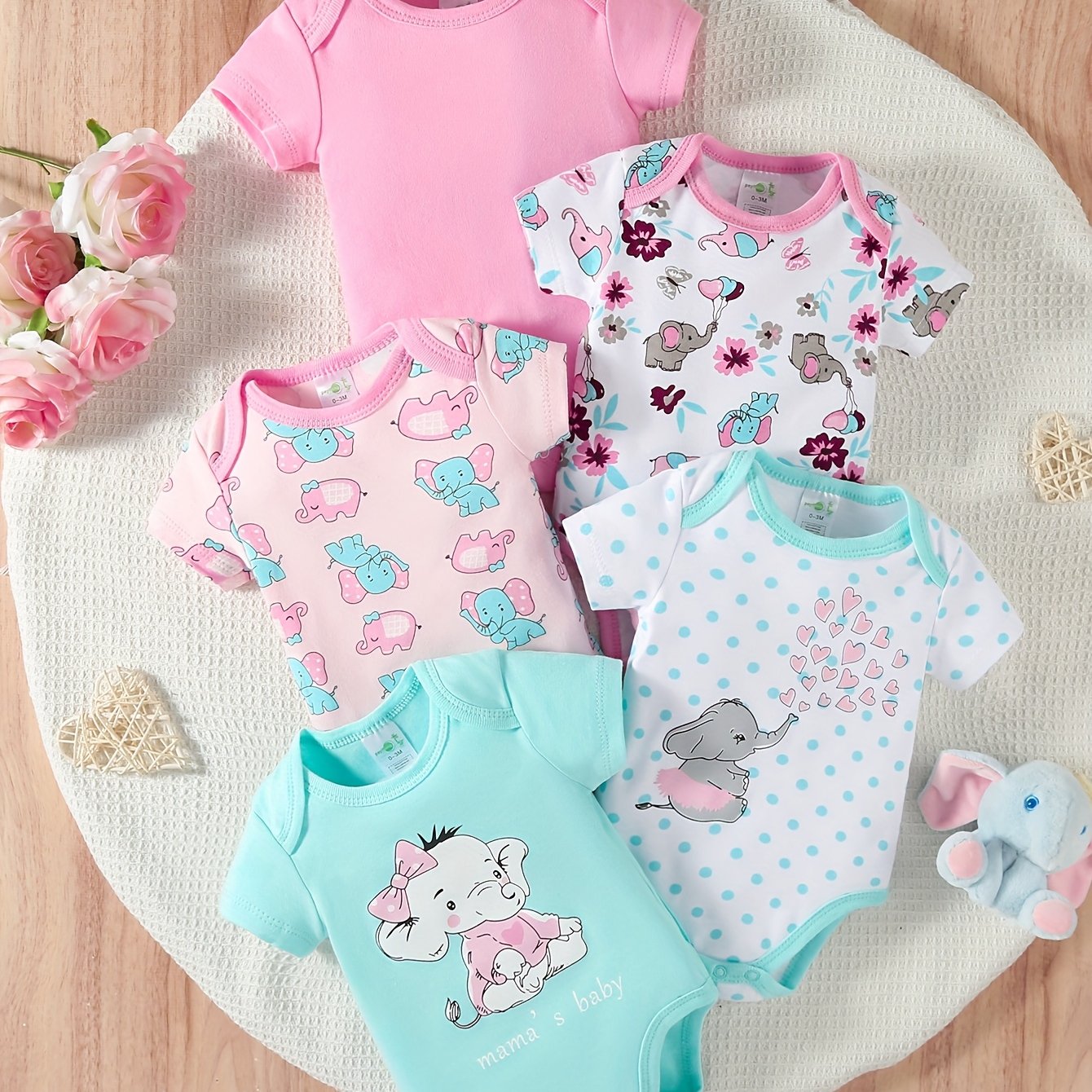 5pcs Set Of Baby Girl's Short Sleeved Spring/summer Triangle Jumpsuit, Cotton Cute Cartoon Hoodie, Crawling Suit, Perfect for Outdoor