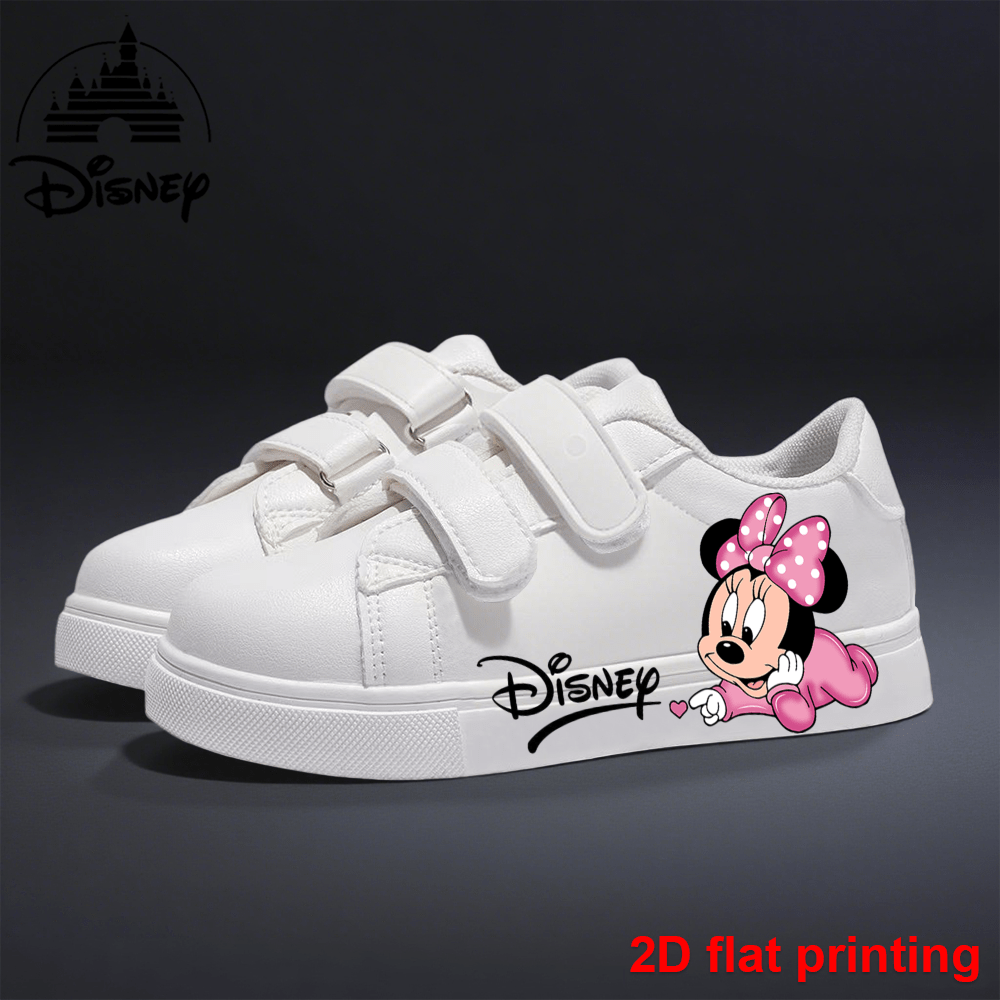 Disney Mickey and Minnie Kids Sneakers With Velcro Closure 2D Flat Printing Lightweight All Season Casual Shoes