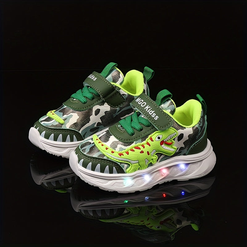 Moolsun 2025 Spring Cartoon Dinosaur Sports Shoes with LED Lights for Boys and Girls