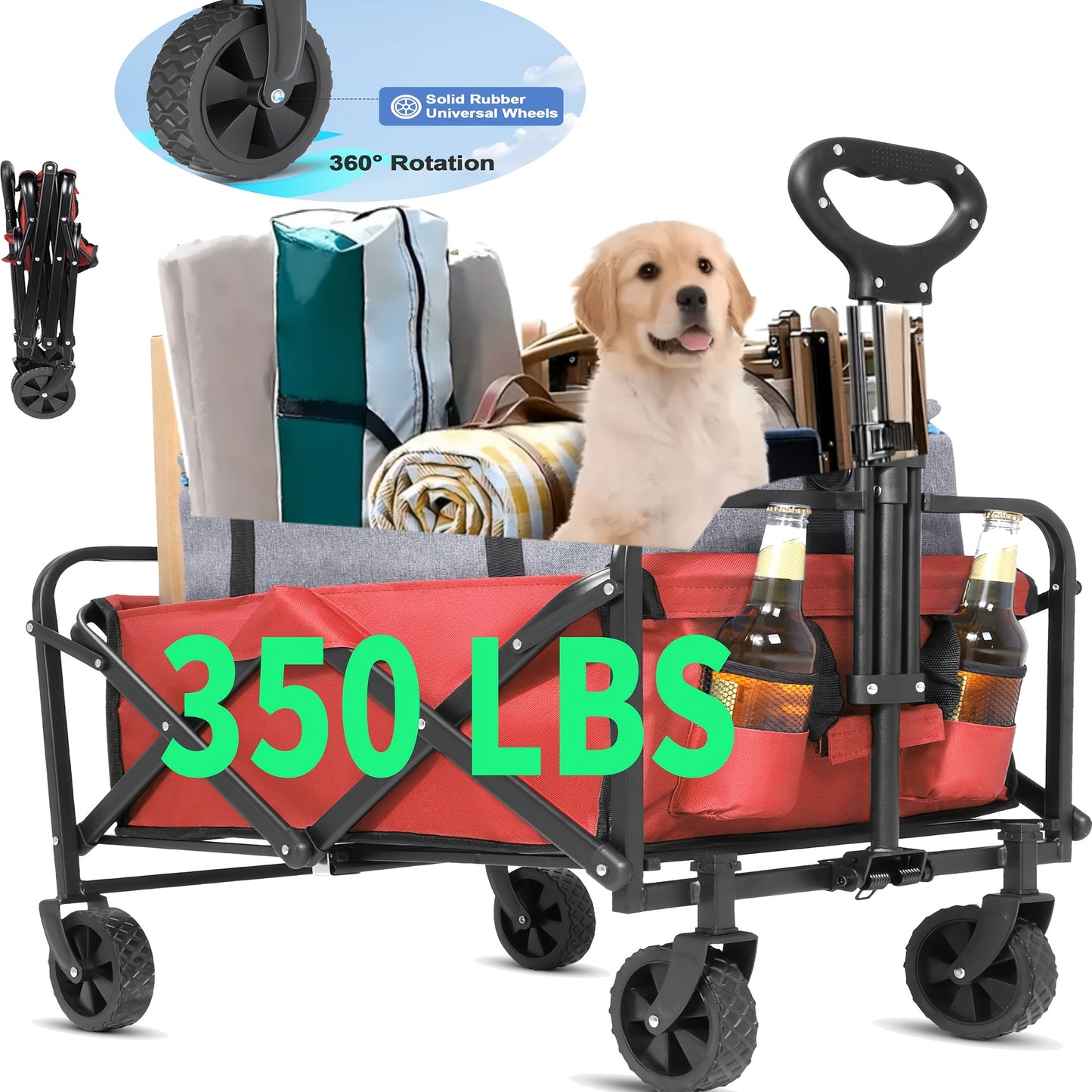 YSIATN Collapsible Folding Wagon Cart - 350LBS Capacity, 50L Large Capacity, 4 All-Terrain Wheels, 360° Rotating Front Wheels, 600D Oxford Fabric, Compact Fold & Portable for Beach, Camping, Shopping, Pet Stroller, Large Fol