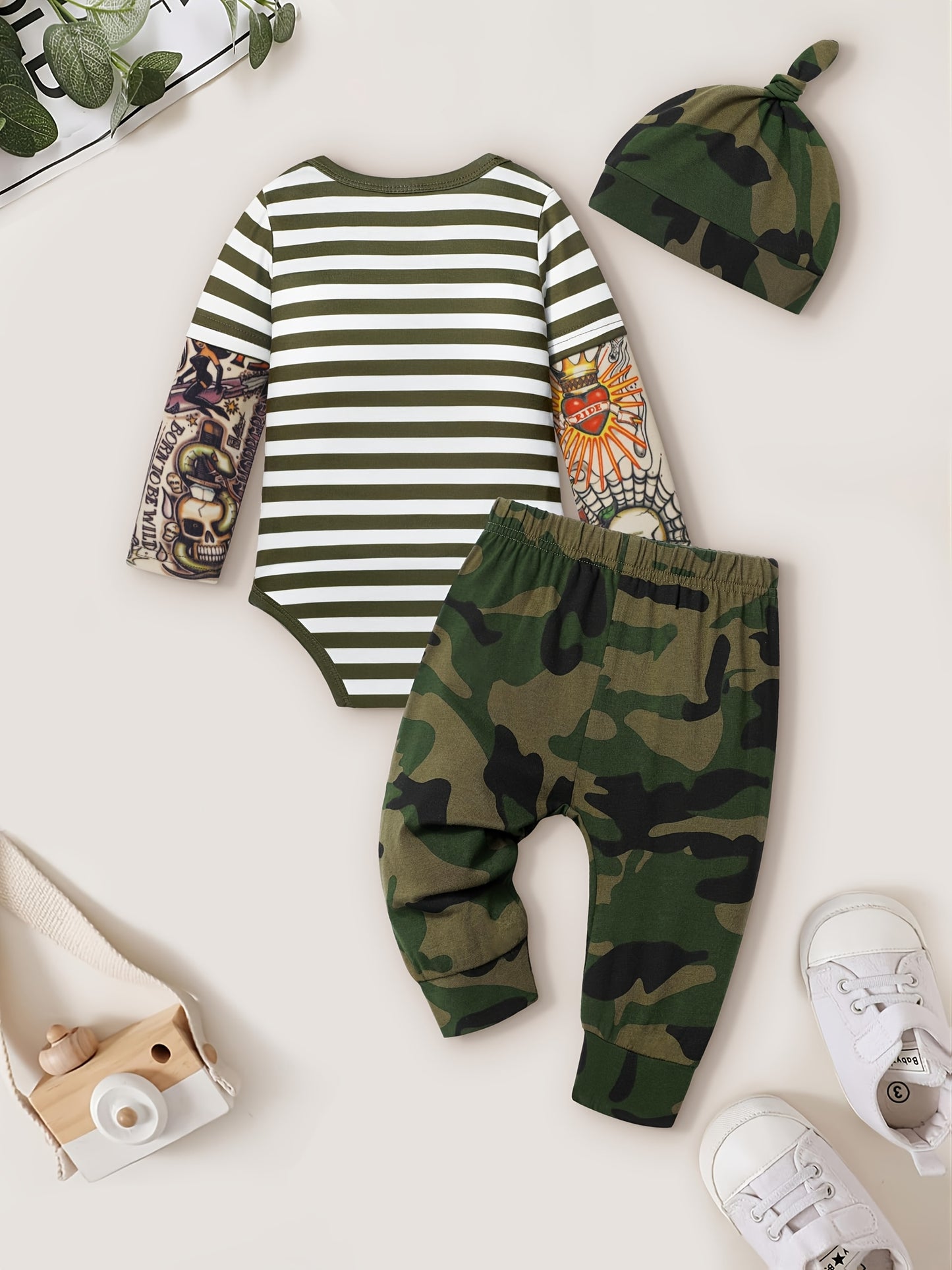 Newborn Baby Boy Tattoo Print Striped Romper Set With Black Pants Three Piece Outfit