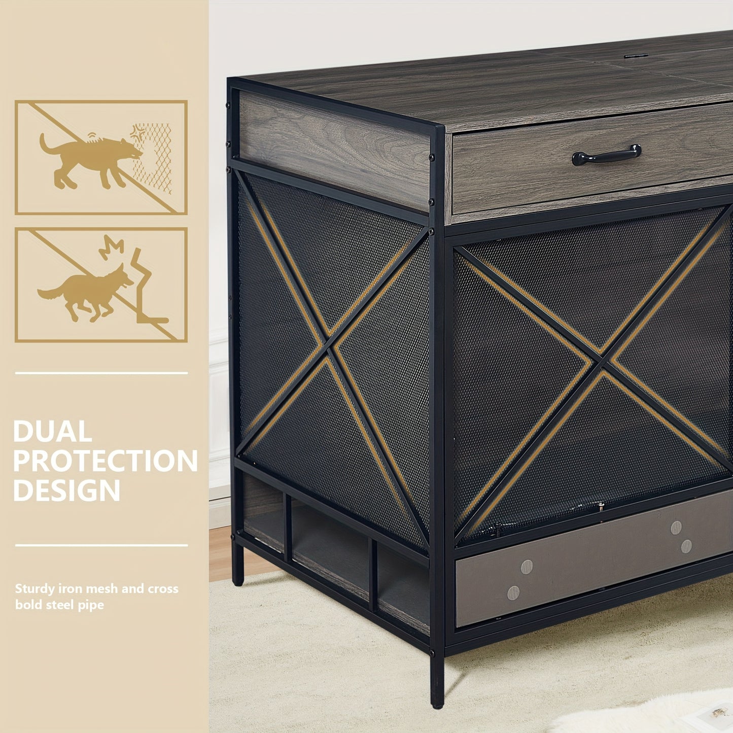 Large Dog Crate Furniture 47 Inch Wooden Kennel Indoor End Table with Drawer and Bowls