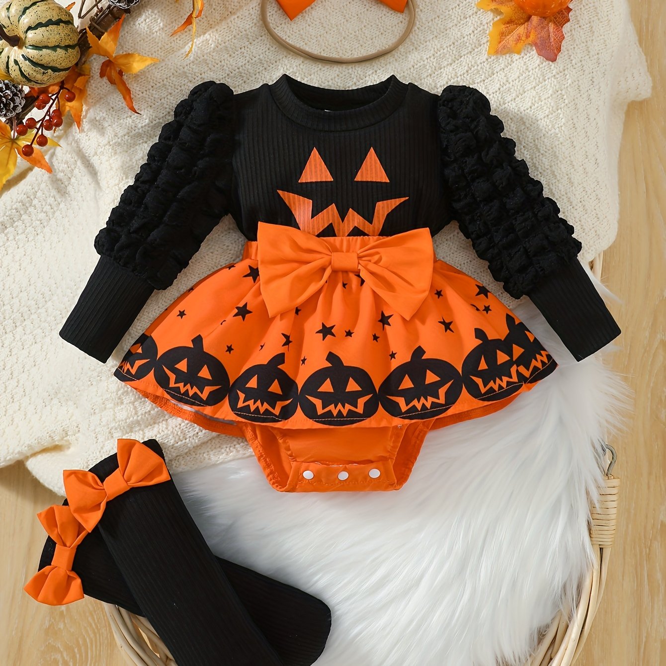 Halloween Baby Girl 3 Piece Bow Tie Dress And Pantyhose
