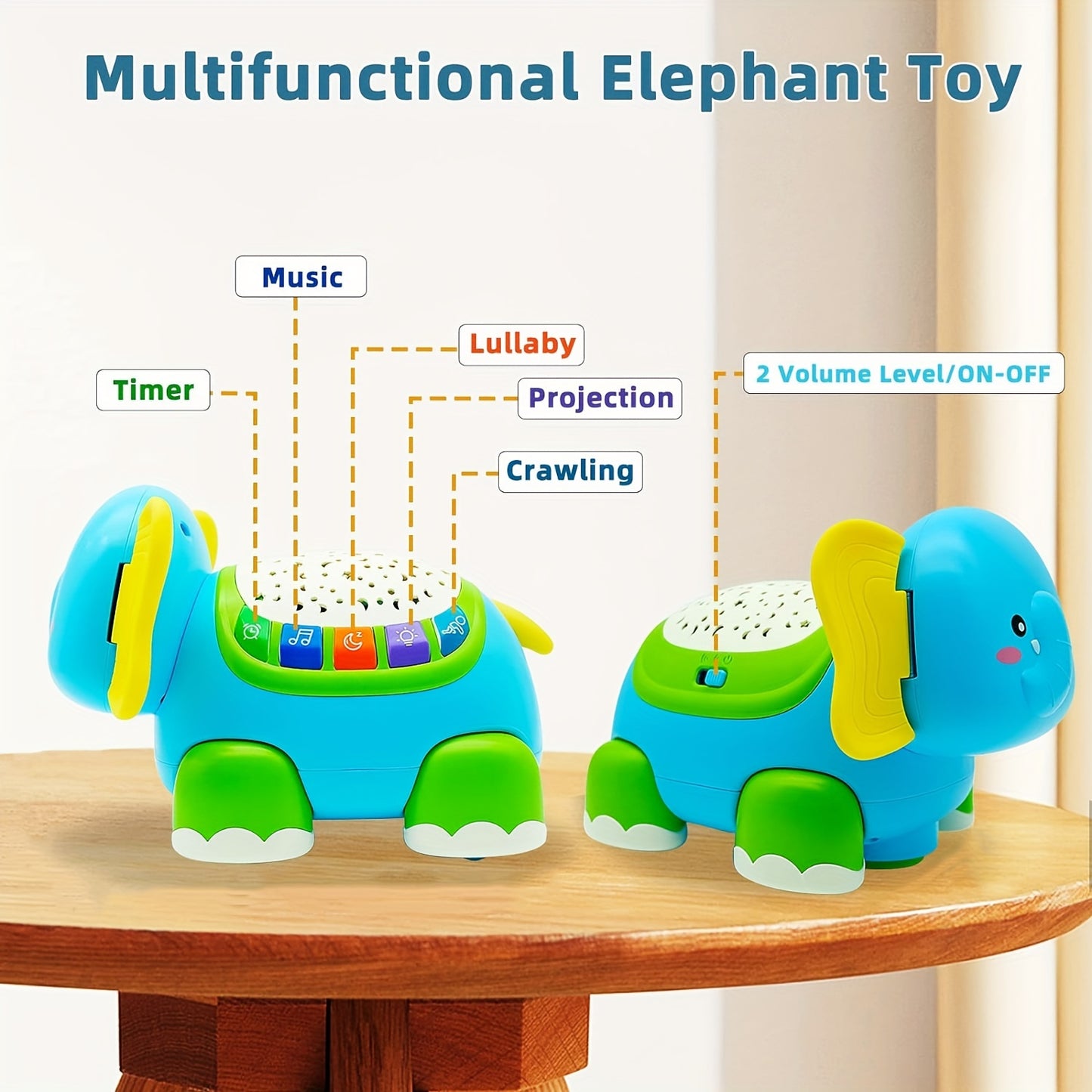 Crawling Baby Toys with Star Projector Music Light Elephant Sensory Toy for Development