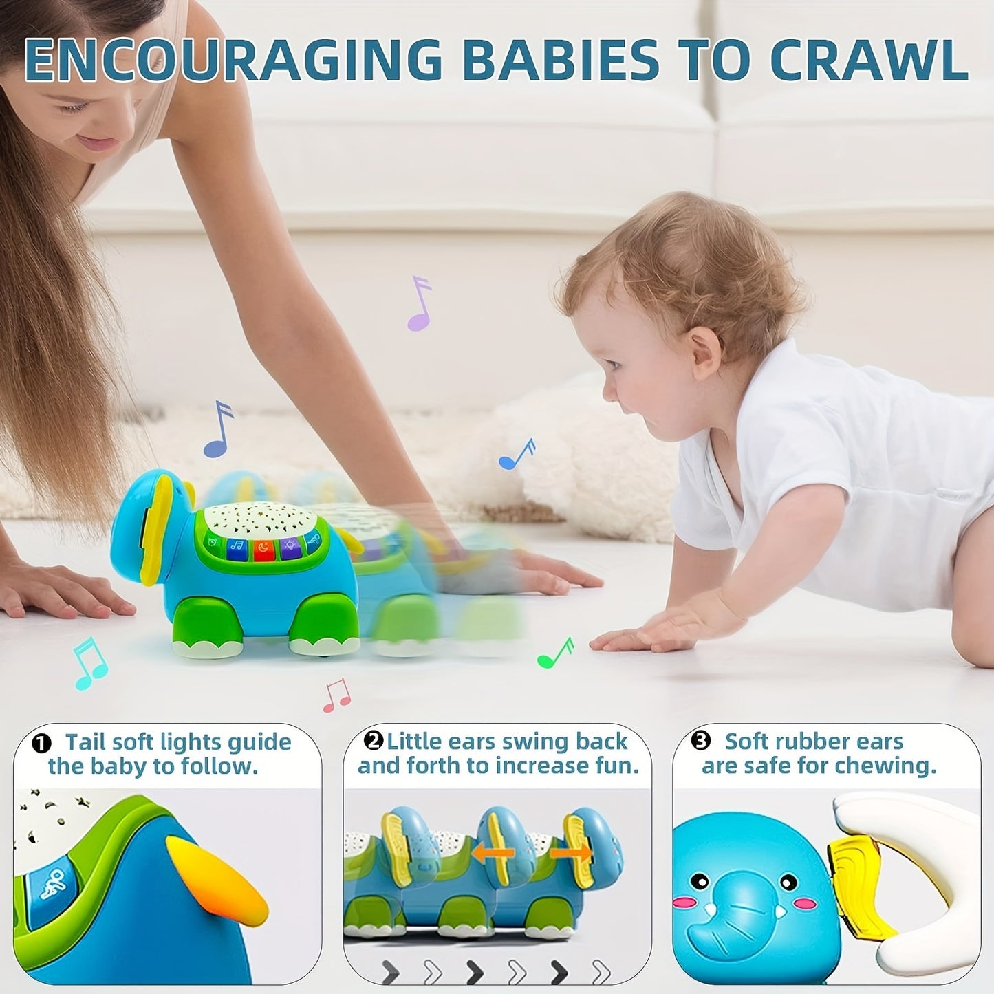 Crawling Baby Toys with Star Projector Music Light Elephant Sensory Toy for Development