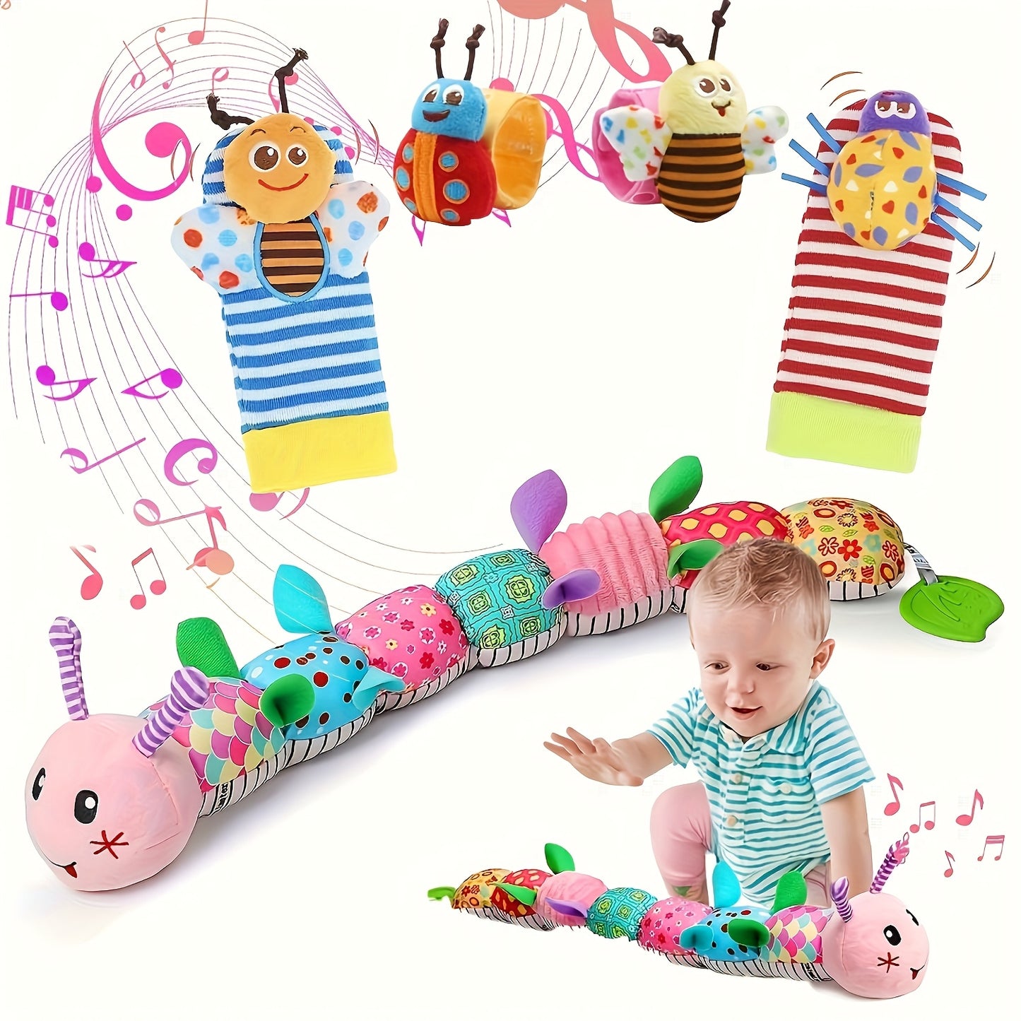 5pcs Infant Baby Musical Stuffed Animal Toys with Rattle and Multi-Sensory Textures
