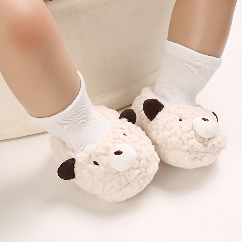 Cute Cartoon Animal Sock Shoes for Newborns, Warm Fleece-Lined Slip-On Footwear, Fabric Upper/Inner/Sole, Casual Street Style, with Sewing Thread Detail, for Indoor & Daily Use, Fall/Winter Season, Baby Shoes
