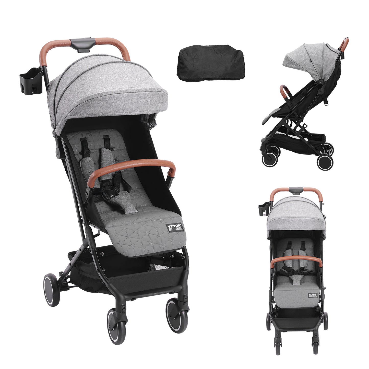 VEvor Dark Grey Standard Stroller - Adjustable Backrest & Footrest, One-Click Fold, Cup Holder - Carry Bag Included