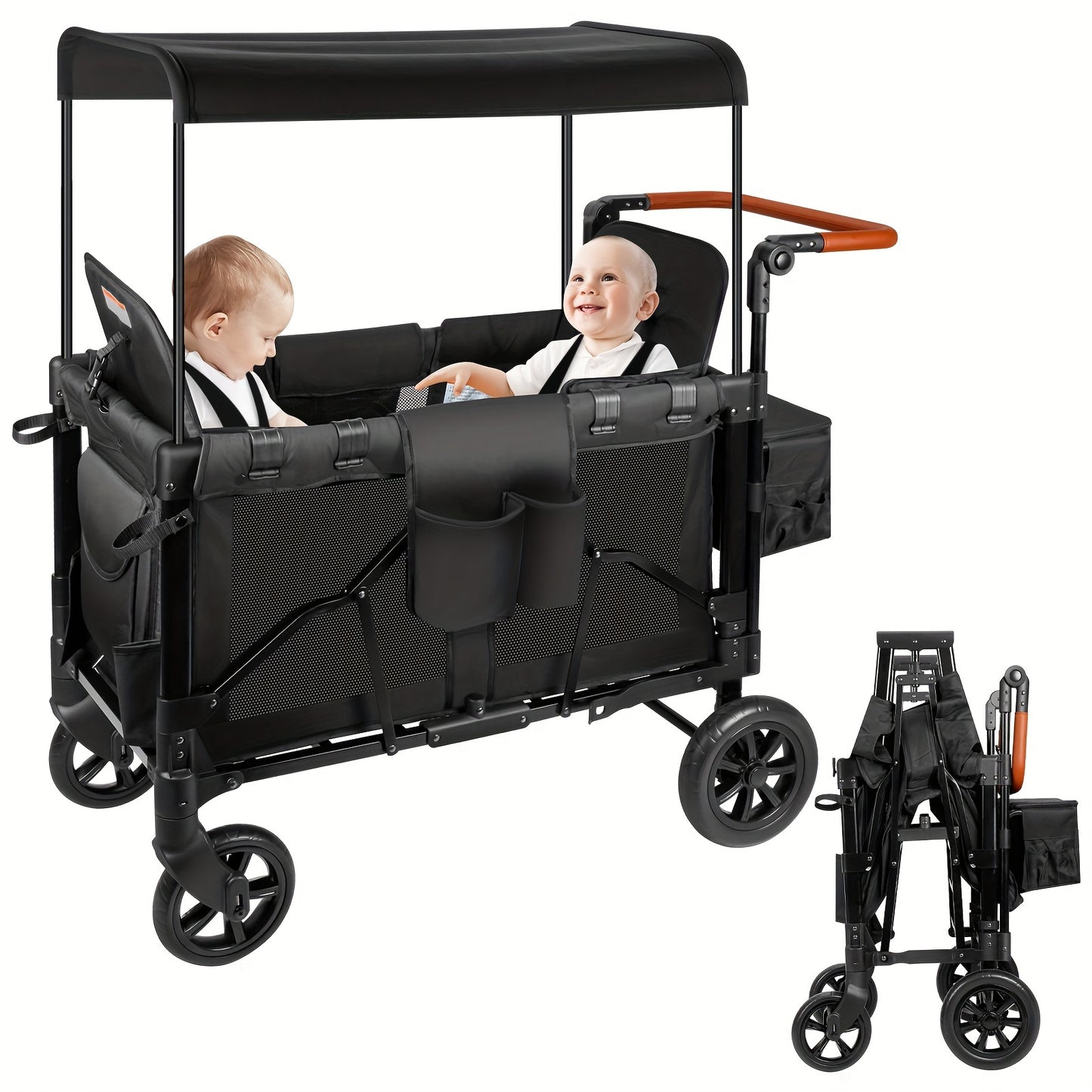 Luxury Comfort Stroller Wagon | Foldable 2 Passenger Double Seater With Adjustable Canopy | Black