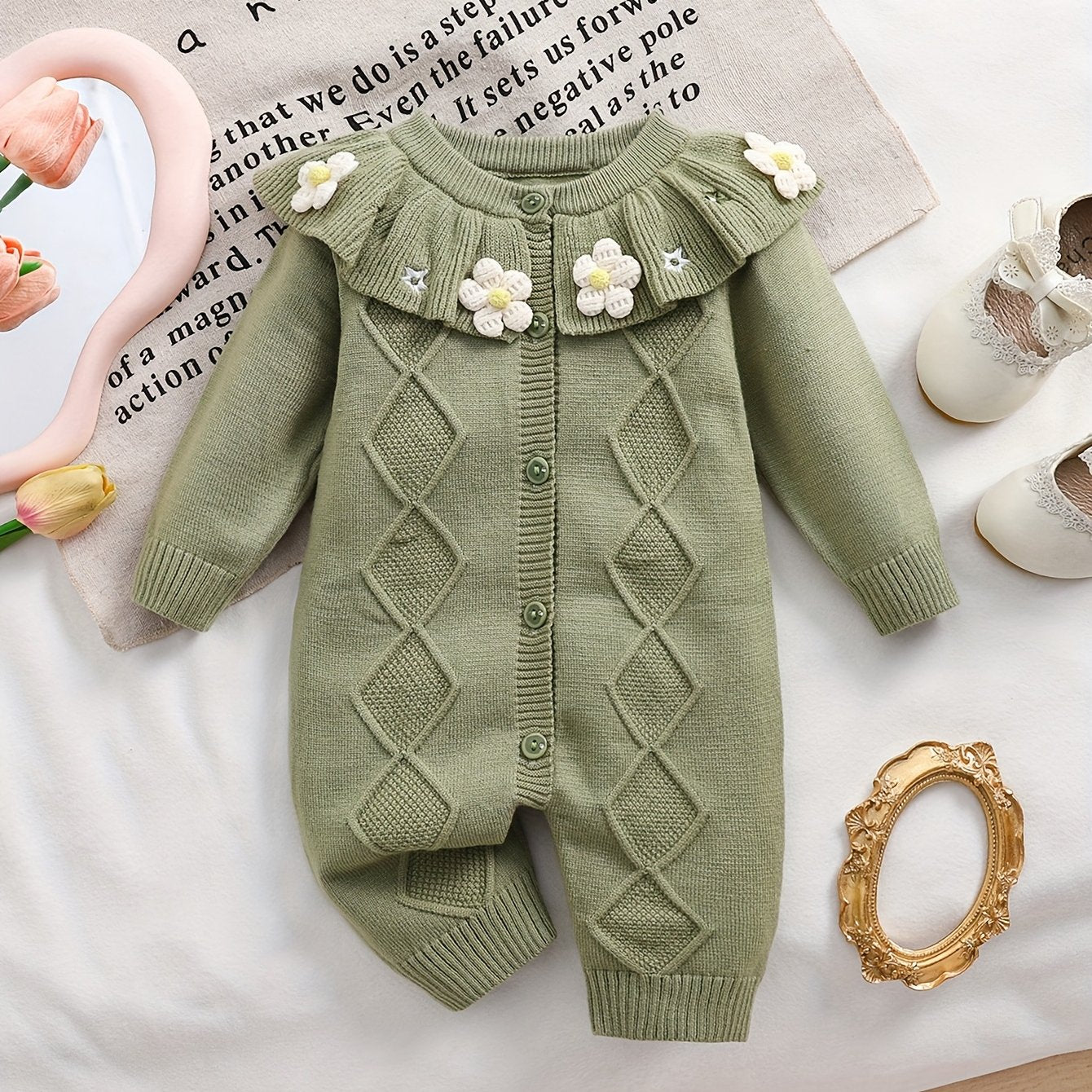 Baby Girls Knit Romper With Ruffled Collar Embroidery