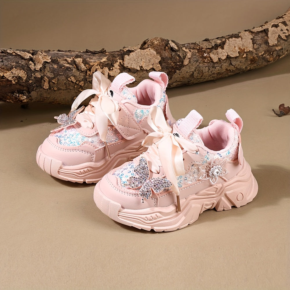 Sparkly Rhinestone Butterfly Bow Girls Sneakers Lightweight Cute Casual Shoes for Play