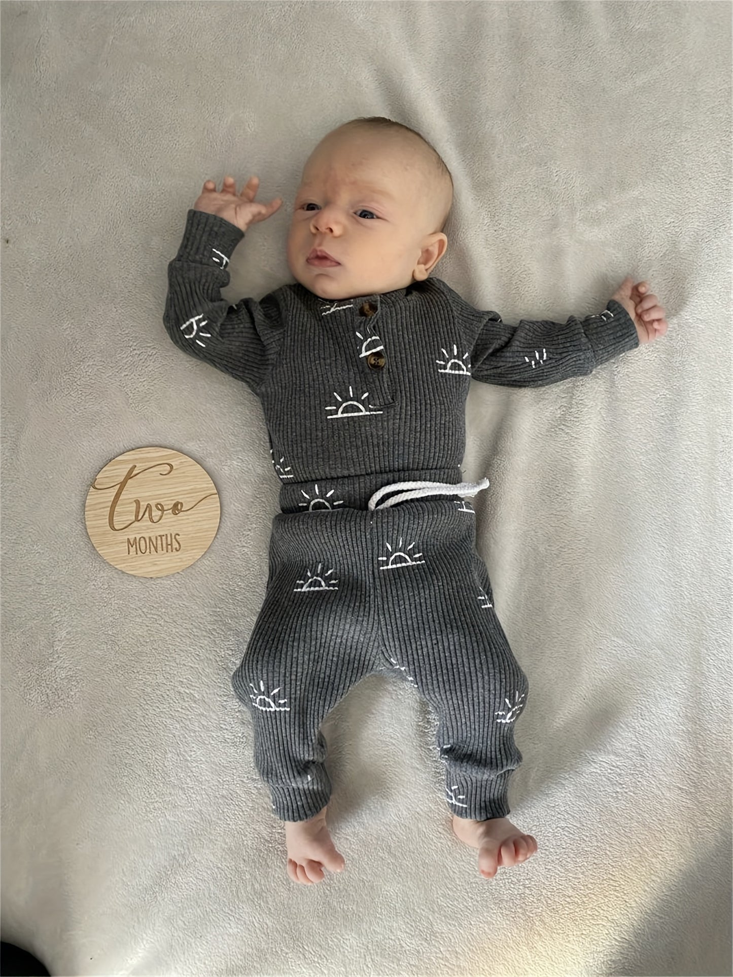 KuKitty Baby Boys Clothes Newborn Ribbed Long Sleeve Romper With Sun Pattern Pants Hat Outfits Set
