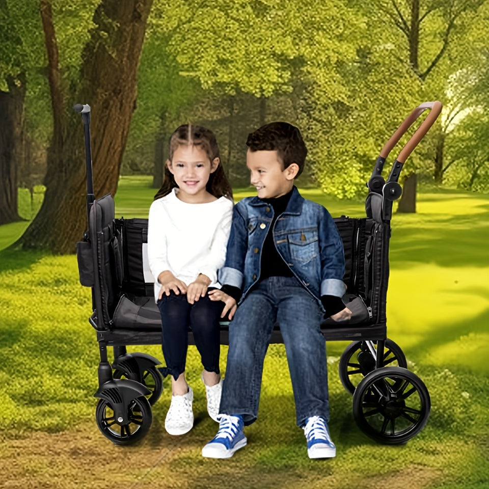 Lightweight Foldable Wagon Stroller for 2 Kids & Cargo Travel - 5-Point Harness, Adjustable Handlebar & Canopy, Tray Table & Cup Holder - Durable Push-Pull Stroller for Newborns & Toddlers (Gray/Black), Travel Stroller, Every