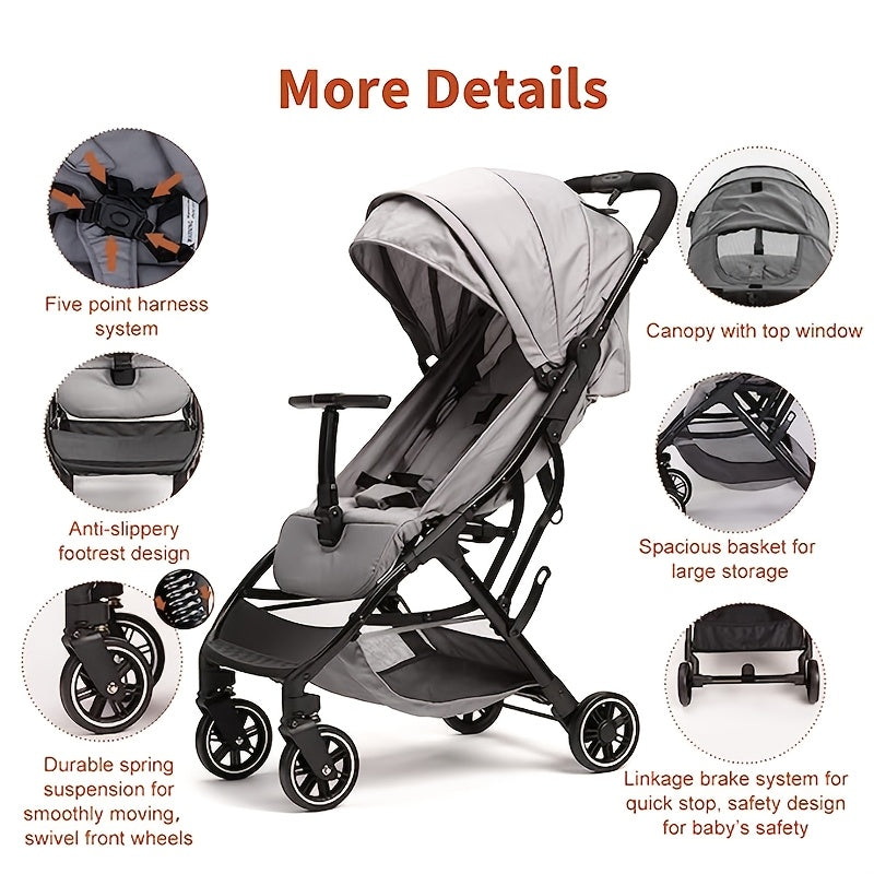 Compact Travel Stroller - Lightweight, One-Hand Folding, Adjustable Backrest & Footrest, Alloy Steel Frame, for Youngsters 6-36 Months