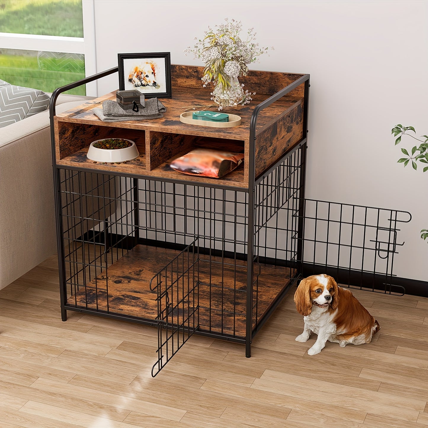 Saudiism Heavy Duty Wooden Dog Crate for Small Dogs with Drawers and Soft Interior