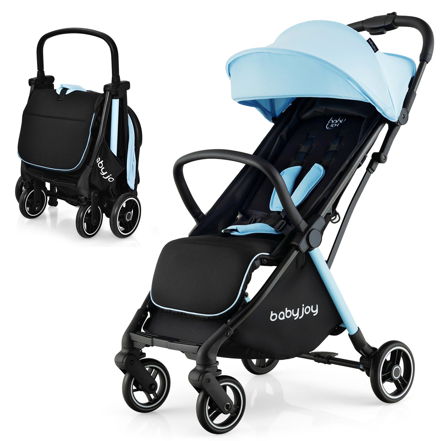 LIFEFZEAL One-Hand Fold Portable Stroller - Aluminum Frame, Adjustable Canopy, Shock-Absorbing Wheels - Available in Blue, Gray, Black, Pink