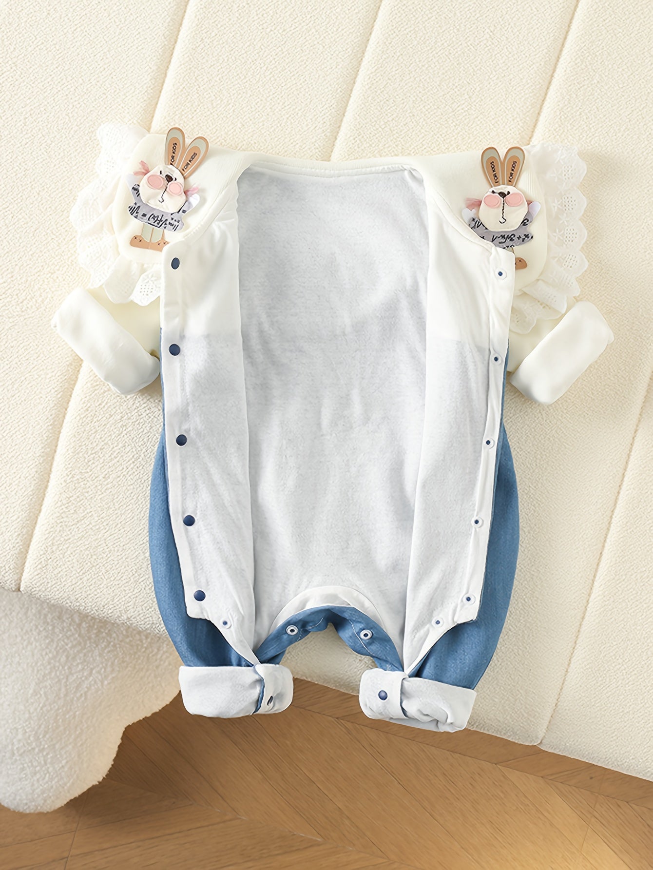Cute Bunny Baby Girl Bodysuit Denim Lace Trim Long Sleeve