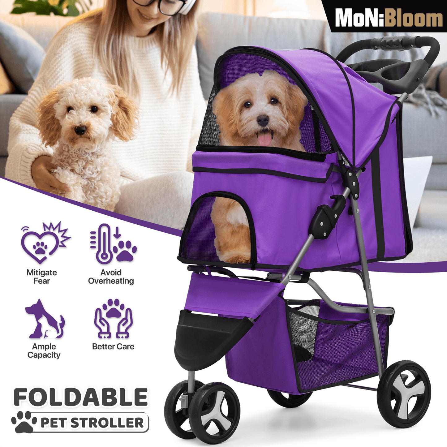 MoNiBloom Foldable Dog Strollers for Small Dogs with Weather Cover, 3 Wheels Pet Strolling Cart for Dogs and Cats with Storage Basket and Cup Holder, Breathable and Visible Mesh for All-Season