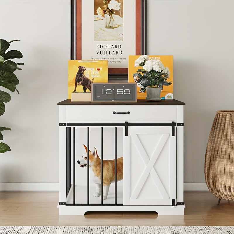 Wooden Dog Crate Kennel End Table with Sliding Barn Door and Convenient Drawer