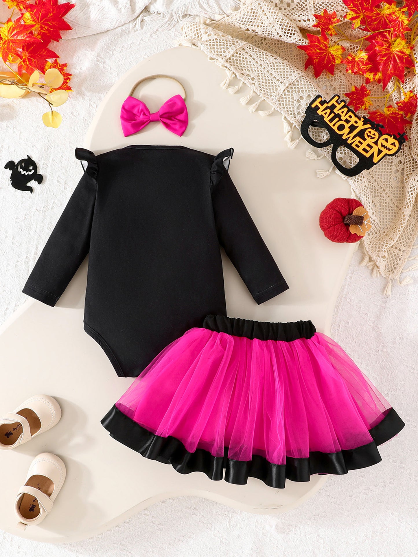 Halloween Skeleton Rose Three Piece Baby Girl Outfit Romper
