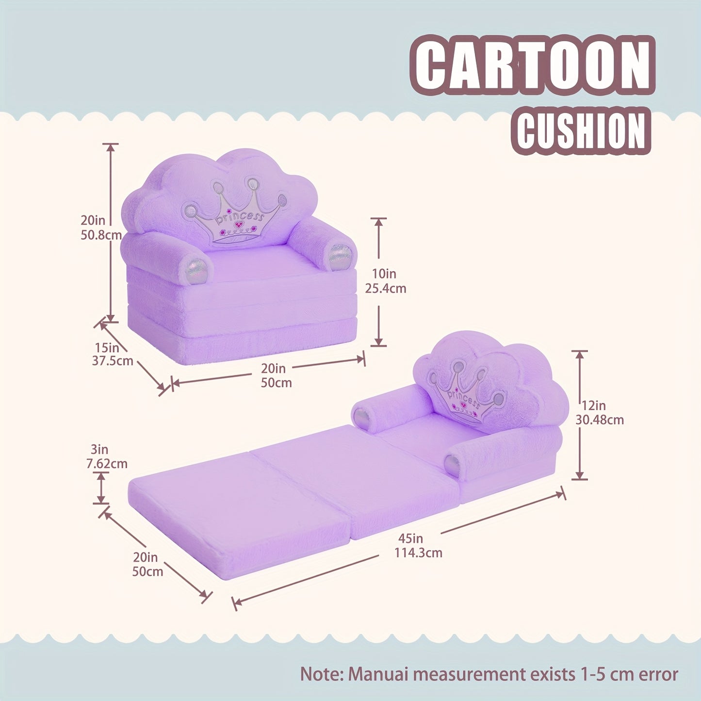 Princess Chair With Golden Crown Foldable Pink Toddler Sofa Memory Foam 15x20 Inches