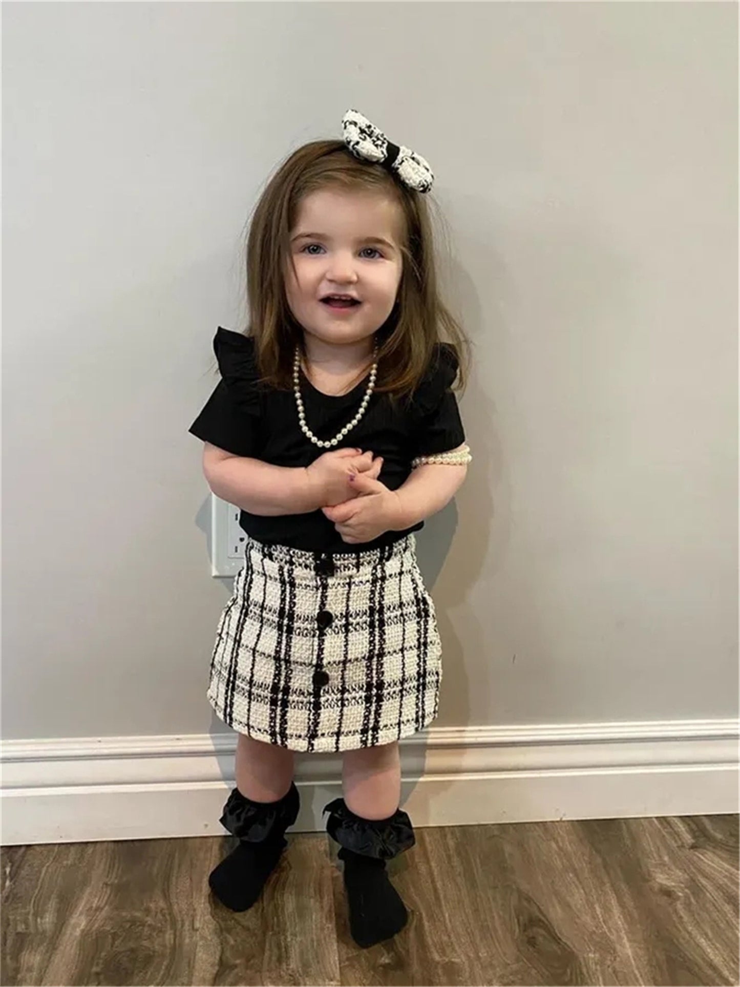 Infants Baby Girl Fashion Clothes Set Solid Cotton Short Sleeve Bodysuit Top + Plaid Skirt with Headband Toddler Summer Outfits, for Outdoor