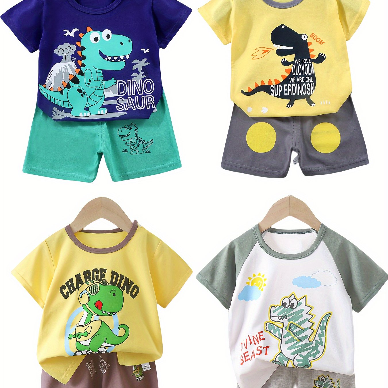 4sets Children's Dinosaur Series Casual Clothing Set For Boys Top Baby Comfortable Short Sleeved Shorts Set