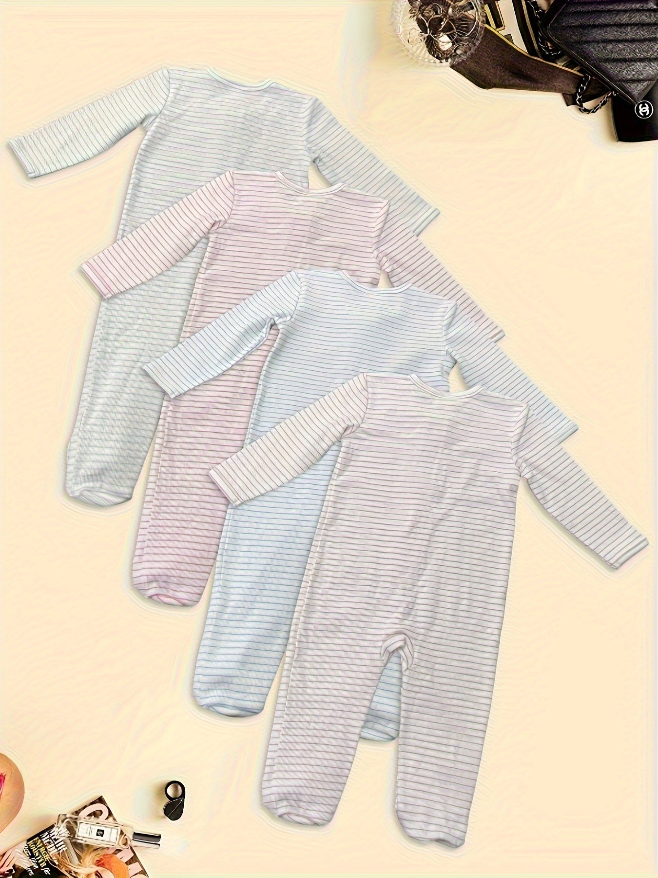 [Cute Cotton Rompers] 4pcs Cotton Youngsters Girls' Rompers | Cute Striped Crew Neck Onesies with Soft Skin-Friendly Foot Crawling Suit, 95% Cotton 5% Elastane Knit Fabric for Spring/Fall