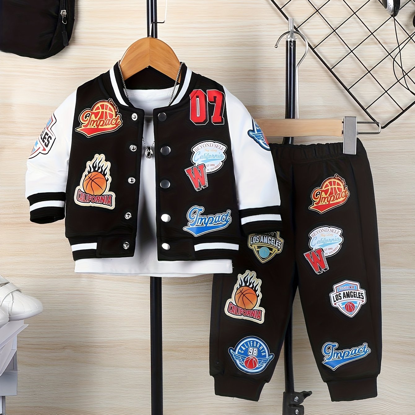 Boys' Cartoon Applique Baseball Jacket and Pants Set - Cotton Blend Casual Outfit with Slight Stretch, Three Quarter Sleeves, Regular Fit for Fall/Winter - 65% Cotton, 35% Polyester, for Outdoor, Perfect for Outdoor